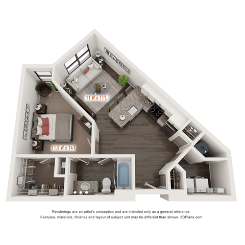 Floor plan for 1 bed, 1 bath, 617 sqft